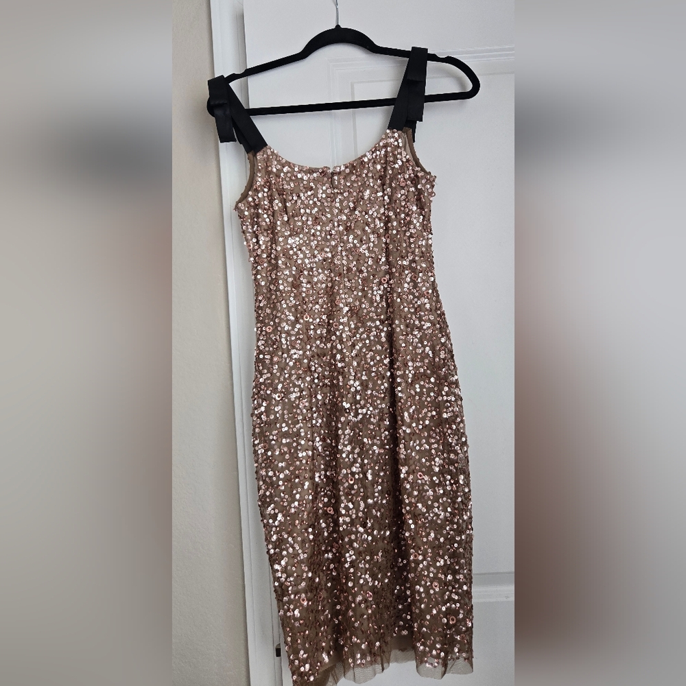 Adrianna Papell Rose Gold Sequin Midi Dress with Black Bow Straps